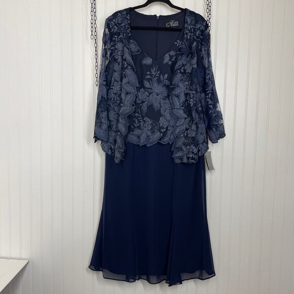 NWT Alex Evenings Navy Tea Length Mother Of The Bride Evening Dress 16 81122421 - Picture 1 of 10